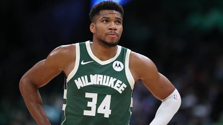Milwaukee Bucks forward Giannis Antetokounmpo (34) reacts  (Mandatory Credit: Paul Rutherford-Imagn Images)
