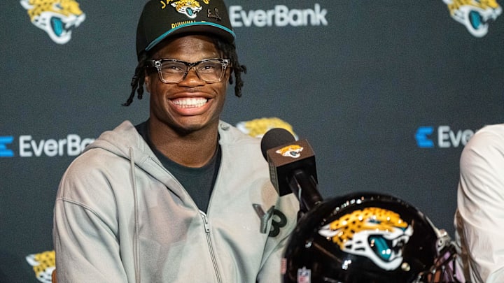 The Jacksonville Jaguars’ first-round pick, Colorado Buffaloes wide receiver and defensive back Travis Hunter, flashes his wide smile during a press conference Friday, March 25, 2025 at Miller Electric Center in Jacksonville, Fla. [Doug Engle/Florida Times-Union]