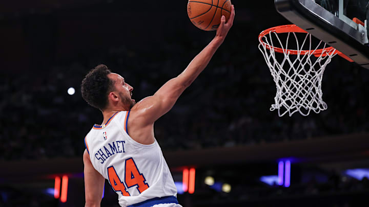 Oct 13, 2024; New York, New York, USA; New York Knicks guard Landry Shamet (44) lays the ball up for a basket  during the first half against the Minnesota Timberwolves at Madison Square Garden. Mandatory Credit: Vincent Carchietta-Imagn Images