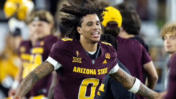 Nov 28, 2025; Tempe, Arizona, USA; Arizona State Sun Devils wide receiver Jordyn Tyson (0) against the Arizona Wildcats during the 99th Territorial Cup at Mountain America Stadium.