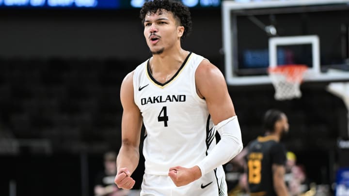 Mar 12, 2024; Indianapolis, IN, USA;  Oakland Golden Grizzlies forward Trey Townsend (4) celebrates