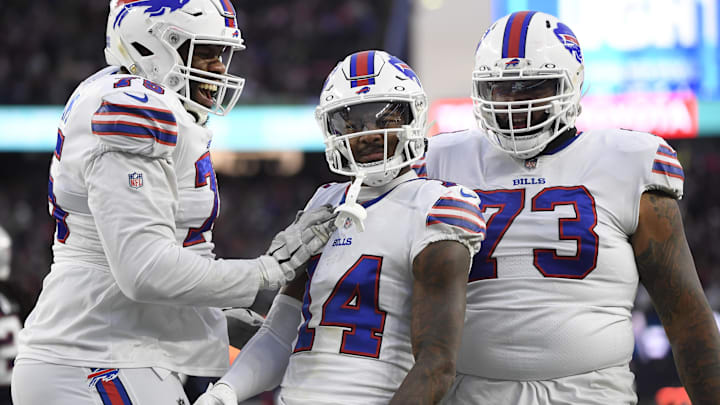 Dec 26, 2021; Foxborough, Massachusetts, USA;  Buffalo Bills wide receiver Stefon Diggs (14) reacts