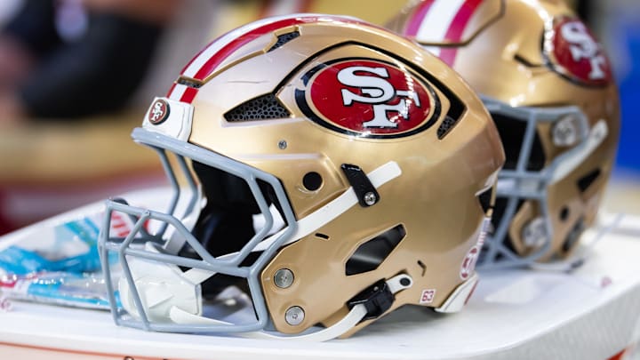 Jan 5, 2025; Glendale, Arizona, USA; Detailed view of a San Francisco 49ers helmet at State Farm Stadium.