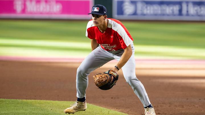 Jun 18, 2024; Phoenix, AZ, USA; William Mason high school infielder Jake Hanley during the MLB Draft Combine high school game at Chase Field. Mandatory Credit: Mark J. Rebilas-Imagn Images