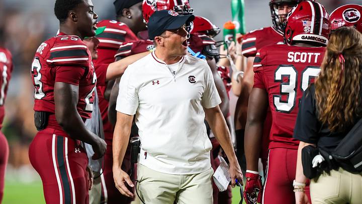 Nov 22, 2025; Columbia, South Carolina, USA; South Carolina Gamecocks head coach Shane Beamer reacts to a play against the Coastal Carolina Chanticleers in the second half at Williams-Brice Stadium. Mandatory Credit: Jeff Blake-Imagn Images