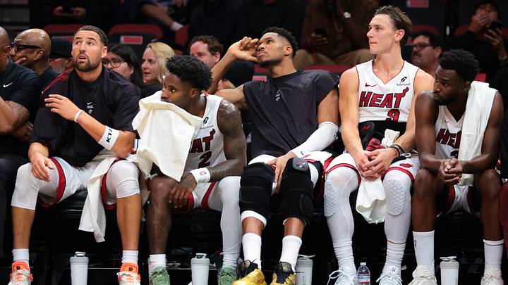 Miami Heat bench looks on (Mandatory Credit: Sam Navarro-Imagn Images)