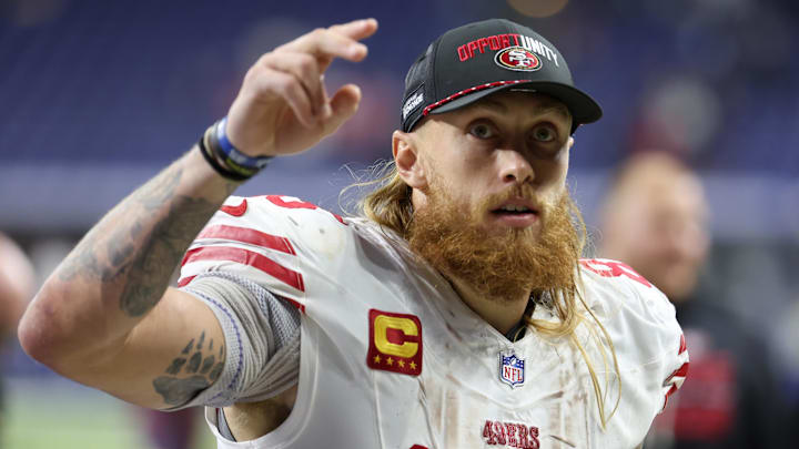 Dec 22, 2025; Indianapolis, Indiana, USA; San Francisco 49ers tight end George Kittle (85) leaves the field after the game against the Indianapolis Colts at Lucas Oil Stadium.