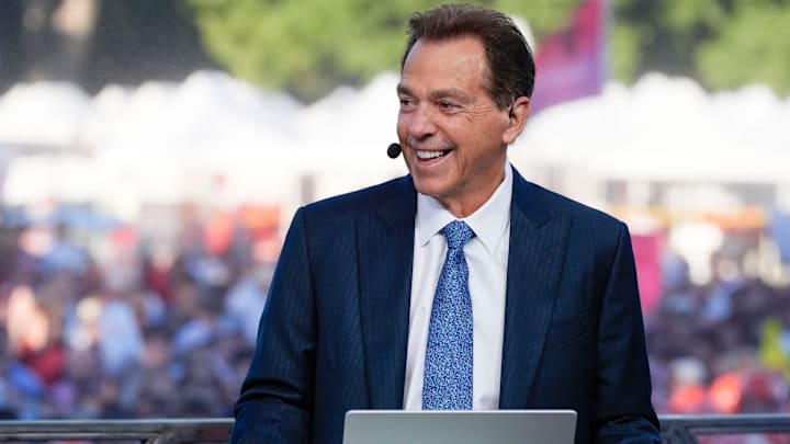 Oct. 4, 2025; Tuscaloosa, Alabama, USA; Former Alabama coach Nick Saban smiles as he is on set during ESPN’s College GameDay on location on the Quad at the University of Alabama before the Alabama versus Vanderbilt game.