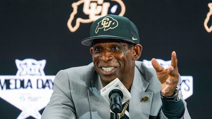 Jul 9, 2025; Frisco, TX, USA; Colorado head coach Deion Sanders speaks with the media during 2025 Big 12 Football Media Days at The Star. Mandatory Credit: Raymond Carlin III-Imagn Images
