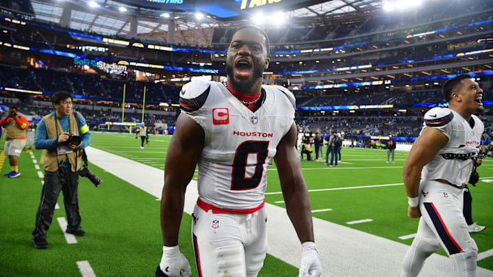 Dec 27, 2025; Inglewood, California, USA;  Houston Texans linebacker Azeez al-Shaair (0) leaves the field following a game against the Los Angeles Chargers at SoFi Stadium. Mandatory Credit: Gary A. Vasquez-Imagn Images