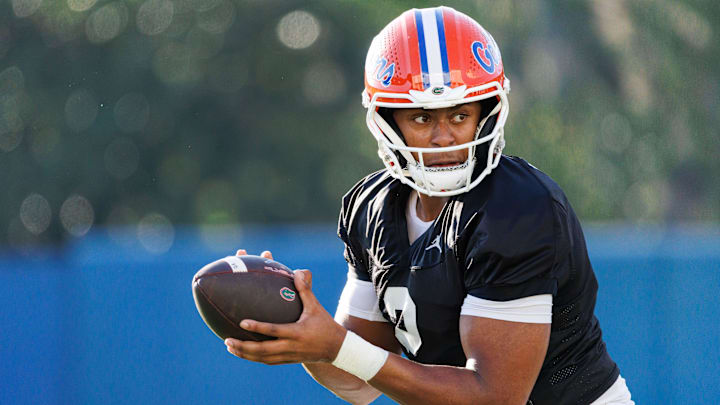 Florida Gators quarterback DJ Lagway (2) looks to hand off the ball during spring football practice at Heavener Football Complex at the University of Florida in Gainesville, FL on Thursday, March 6, 2025. [Matt Pendleton/Gainesville Sun]