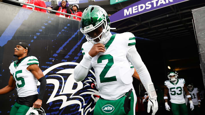 Nov 23, 2025; Baltimore, Maryland, USA; New York Jets quarterback Tyrod Taylor (2) takes the field before the game against the Baltimore Ravens at M&T Bank Stadium. Mandatory Credit: Peter Casey-Imagn Images