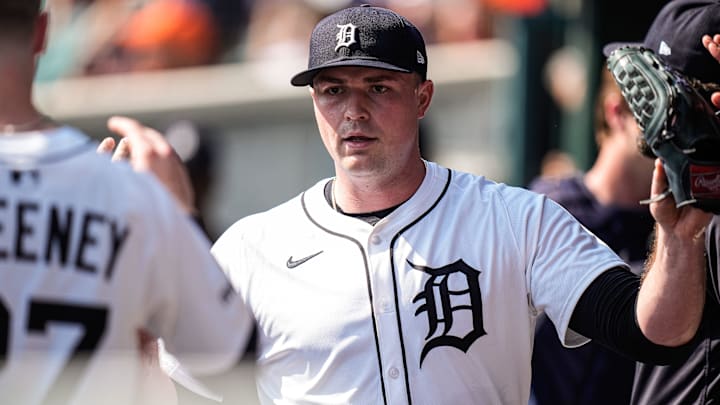 Detroit Tigers pitcher Tarik Skubal (29) high-fives teammate in the dugout after pitching sixth inning against Cleveland Guardians at Comerica Park in Detroit on Thursday, Sept. 18, 2025.