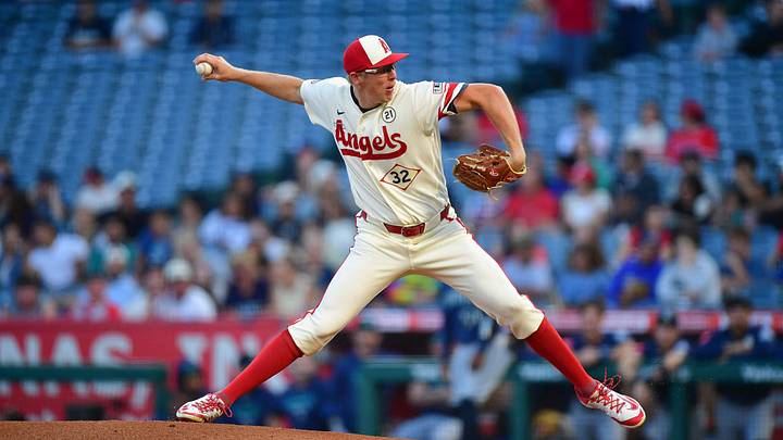 Sep 15, 2026; Anaheim, California, USA; Los Angeles Angels pitcher Ryan Johnson (32) throws against the Seattle Mariners during the first inning at Angel Stadium. Mandatory Credit: Gary A. Vasquez-Imagn Images