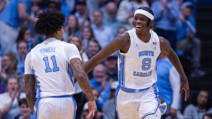 Dec 22, 2025; Chapel Hill, North Carolina, USA; North Carolina Tar Heels forward Caleb Wilson (8) celebrates during the first half against the East Carolina Pirates at Dean E. Smith Center. Mandatory Credit: Scott Kinser-Imagn Images