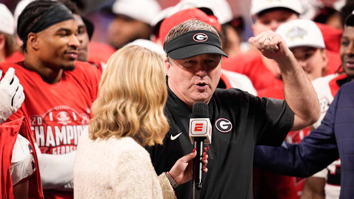 Dec 6, 2025; Atlanta, GA, USA; Georgia Bulldogs head coach Kirby Smart speaks to the media after the game against the Alabama Crimson Tide during the 2025 SEC Championship game at Mercedes-Benz Stadium. Mandatory Credit: Dale Zanine-Imagn Images