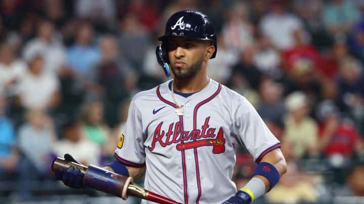 Jul 9, 2024; Phoenix, Arizona, USA; Atlanta Braves outfielder Eddie Rosario against the Arizona Diamondbacks at Chase Field. Mandatory Credit: Mark J. Rebilas-USA TODAY Sports Jul 9, 2024; Phoenix, Arizona, USA; Atlanta Braves outfielder Eddie Rosario against the Arizona Diamondbacks at Chase Field. Mandatory Credit: Mark J. Rebilas-USA TODAY Sports