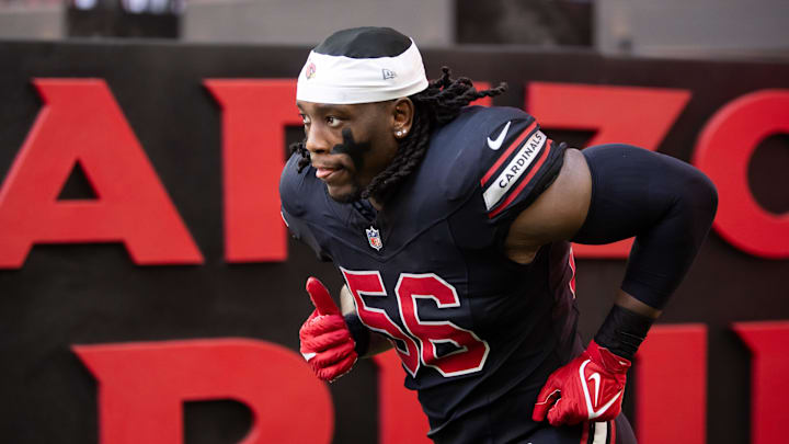 Dec 8, 2024; Glendale, Arizona, USA; Arizona Cardinals defensive end Darius Robinson (56) against the Seattle Seahawks at State Farm Stadium. Mandatory Credit: Mark J. Rebilas-Imagn Images