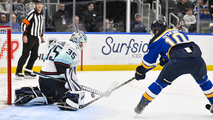Feb 25, 2025; St. Louis, Missouri, USA;  Seattle Kraken goaltender Joey Daccord (35) defends the net against St. Louis Blues center Brayden Schenn (10) during the second period at Enterprise Center. Mandatory Credit: Jeff Curry-Imagn Images