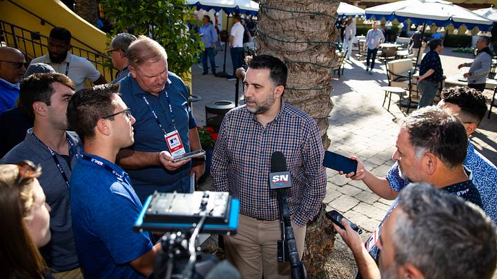 Nov 8, 2023; Scottsdale, AZ, USA; Atlanta Braves president of baseball operations Alex Anthopoulos speaks to the media during the MLB General Manager's Meetings at Omni Scottsdale Resort & Spa. Mandatory Credit: Mark J. Rebilas-USA TODAY Sports