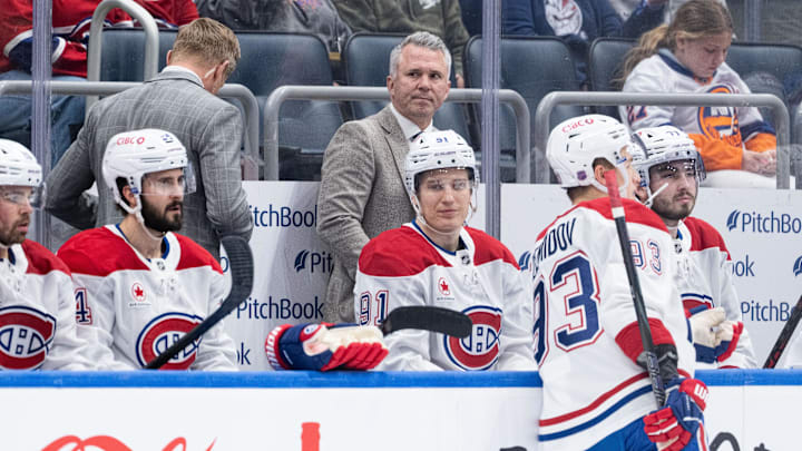 Apr 12, 2026; Elmont, New York, USA; Montréal Canadiens head coach Martin St. Louis before the first period against the New York Islanders at UBS Arena. Mandatory Credit: Alexander Wohl-Imagn Images