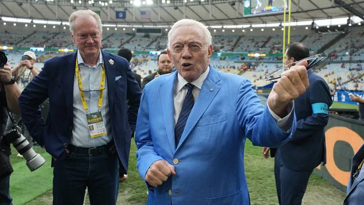 Dallas Cowboys owner Jerry Jones talks on the field before the game between Baltimore Ravens and Dallas Cowboys at Maracana Stadium. Mandatory Credit: Kirby Lee-Imagn Images Dallas Cowboys owner Jerry Jones talks on the field before the game between Baltimore Ravens and Dallas Cowboys at Maracana Stadium. Mandatory Credit: Kirby Lee-Imagn Images