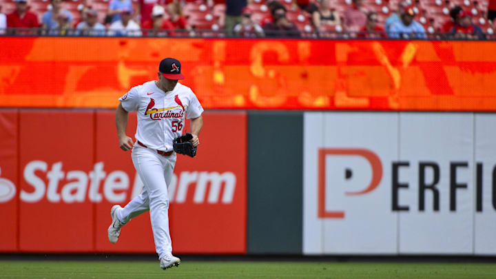 Sep 22, 2024; St. Louis, Missouri, USA; St. Louis Cardinals relief pitcher Ryan Helsley (56) enters the game against the Cleveland Guardians during the ninth inning at Busch Stadium. Mandatory Credit: Jeff Curry-Imagn Images Sep 22, 2024; St. Louis, Missouri, USA; St. Louis Cardinals relief pitcher Ryan Helsley (56) enters the game against the Cleveland Guardians during the ninth inning at Busch Stadium. Mandatory Credit: Jeff Curry-Imagn Images