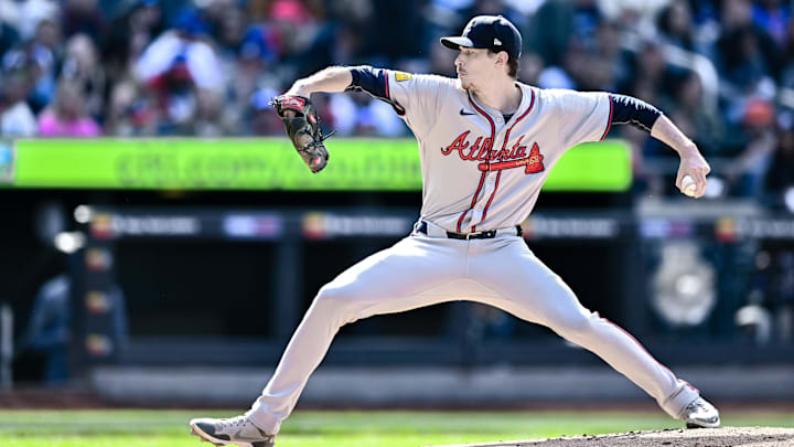 May 11, 2024; New York City, New York, USA; Atlanta Braves pitcher Max Fried (54) pitches against the New York Mets during the first inning at Citi Field. Mandatory Credit: John Jones-USA TODAY Sports