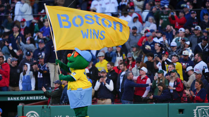 May 11, 2024; Boston, Massachusetts, USA; Wally, the Boston Red Sox mascot waves a Boston Wins flag to celebrate the victory against the Washington Nationals at Fenway Park. Mandatory Credit: Gregory Fisher-USA TODAY Sports May 11, 2024; Boston, Massachusetts, USA; Wally, the Boston Red Sox mascot waves a Boston Wins flag to celebrate the victory against the Washington Nationals at Fenway Park. Mandatory Credit: Gregory Fisher-USA TODAY Sports