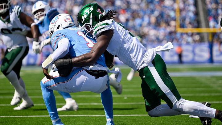 Sep 13, 2026; Nashville, Tennessee, USA; New York Jets defensive end Will McDonald IV (9) sacks Tennessee Titans just outside the end zone during the second half at Nissan Stadium. Mandatory Credit: Steve Roberts-Imagn Images Sep 13, 2026; Nashville, Tennessee, USA; New York Jets defensive end Will McDonald IV (9) sacks Tennessee Titans just outside the end zone during the second half at Nissan Stadium. Mandatory Credit: Steve Roberts-Imagn Images