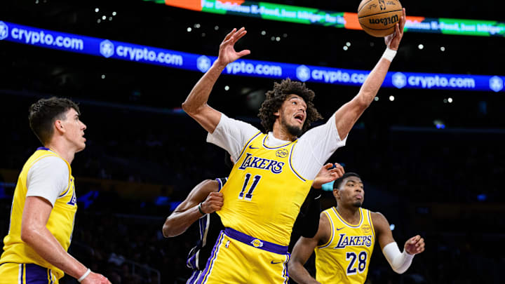 Oct 17, 2025; Los Angeles, California, USA; Los Angeles Lakers center Jaxson Hayes (11) gets a rebound during the first half against the Sacramento Kings at Crypto.com Arena. Mandatory Credit: William Liang-Imagn Images Oct 17, 2025; Los Angeles, California, USA; Los Angeles Lakers center Jaxson Hayes (11) gets a rebound during the first half against the Sacramento Kings at Crypto.com Arena. Mandatory Credit: William Liang-Imagn Images