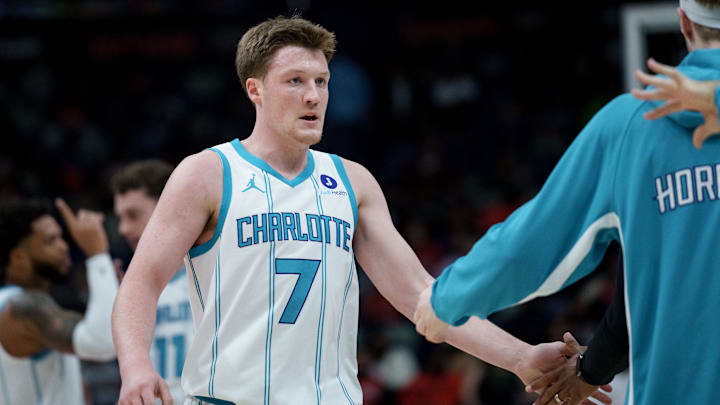 Nov 4, 2025; New Orleans, Louisiana, USA; Charlotte Hornets guard Kon Knueppel (7) reacts after a three point basket during the first half against the New Orleans Pelicans at Smoothie King Center. Mandatory Credit: Matthew Hinton-Imagn Images