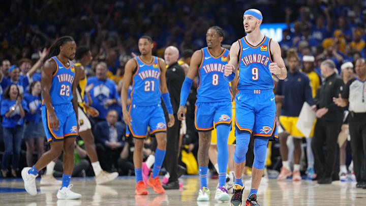 Jun 22, 2025; Oklahoma City, Oklahoma, USA; Oklahoma City Thunder guard Alex Caruso (9) reacts after a play against the Indiana Pacers during the second half of game seven of the 2025 NBA Finals at Paycom Center. Mandatory Credit: Kyle Terada-Imagn Images Jun 22, 2025; Oklahoma City, Oklahoma, USA; Oklahoma City Thunder guard Alex Caruso (9) reacts after a play against the Indiana Pacers during the second half of game seven of the 2025 NBA Finals at Paycom Center. Mandatory Credit: Kyle Terada-Imagn Images