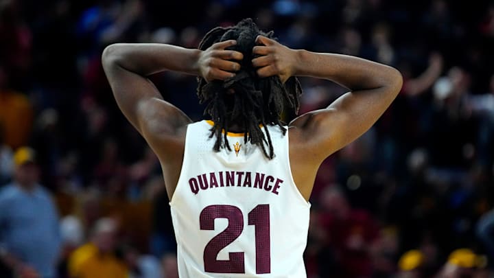 ASU center Jayden Quaintance (21) reacts after his fifth foul against Iowa State during a game at Desert Financial Arena in Tempe on Jan. 25, 2025. ASU center Jayden Quaintance (21) reacts after his fifth foul against Iowa State during a game at Desert Financial Arena in Tempe on Jan. 25, 2025.