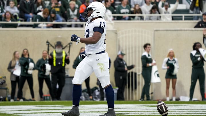 Penn State Nittany Lions running back Kaytron Allen (13) celebrates a touchdown against the Michigan State Spartans. 