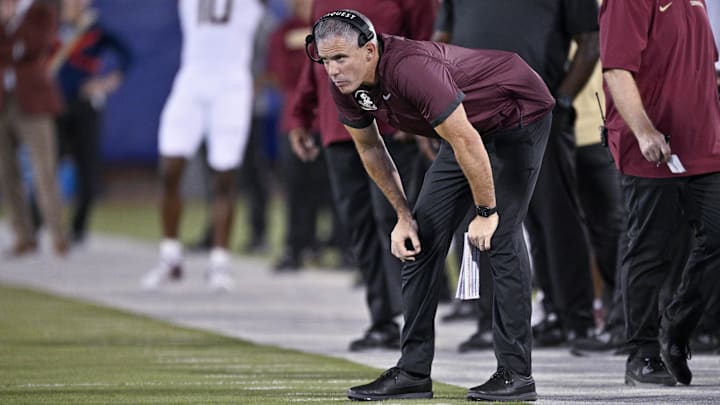 Sep 28, 2024; Dallas, Texas, USA; Florida State Seminoles head coach Mike Norvell looks on during the second quarter against the Southern Methodist Mustangs at Gerald J. Ford Stadium. Mandatory Credit: Jerome Miron-Imagn Images