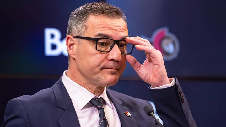 Jan 12, 2025; Ottawa, Ontario, CAN; President of Hockey Operations and General Manager Steve Staios speaks to the media prior to match between the Dallas Stars and the  Ottawa Senators at the Canadian Tire Centre. Mandatory Credit: Marc DesRosiers-Imagn Images