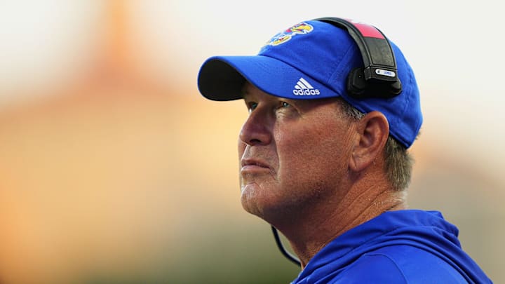 Aug 23, 2025; Lawrence, Kansas, USA; Kansas Jayhawks head coach Lance Leipold reacts during the second half against the Fresno State Bulldogs at David Booth Kansas Memorial Stadium. Mandatory Credit: Jay Biggerstaff-Imagn Images