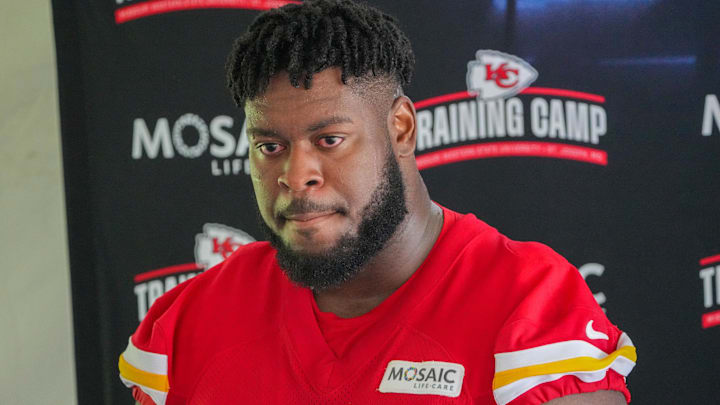 Jul 22, 2025; St. Joseph, MO, USA; Kansas City Chiefs guard Trey Smith (65) speaks to media after training camp at Missouri Western State University. Mandatory Credit: Denny Medley-Imagn Images