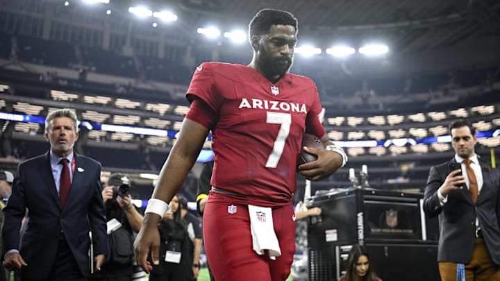 Nov 3, 2025; Arlington, Texas, USA; Arizona Cardinals quarterback Jacoby Brissett (7) leaves the field after defeating the Dallas Cowboys at AT&T Stadium. Mandatory Credit: Jerome Miron-Imagn Images