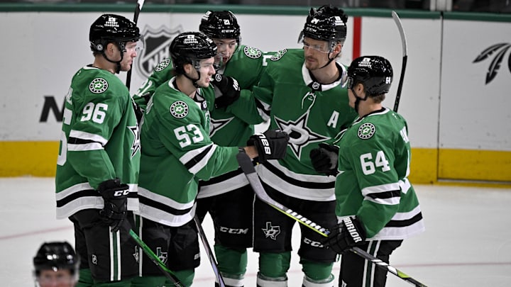 Apr 12, 2025; Dallas, Texas, USA; Dallas Stars right wing Mikko Rantanen (96) and center Wyatt Johnston (53) and left wing Jason Robertson (21) and center Roope Hintz (24) and center Mikael Granlund (64) celebrates a power play goal scored by Robertson against the Utah Hockey Club during the first period at the American Airlines Center. Mandatory Credit: Jerome Miron-Imagn Images