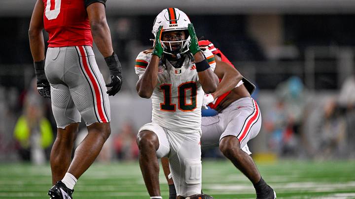 Dec 31, 2025; Arlington, TX, USA; Miami Hurricanes wide receiver Malachi Toney (10) uncovers his face during the 2025 Cotton Bowl and quarterfinal game of the College Football Playoff at AT&T Stadium. Mandatory Credit: Jerome Miron-Imagn Images