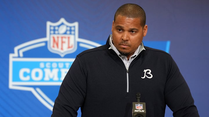 Chicago Bears general manager Ryan Poles speaks at the NFL Scouting Combine