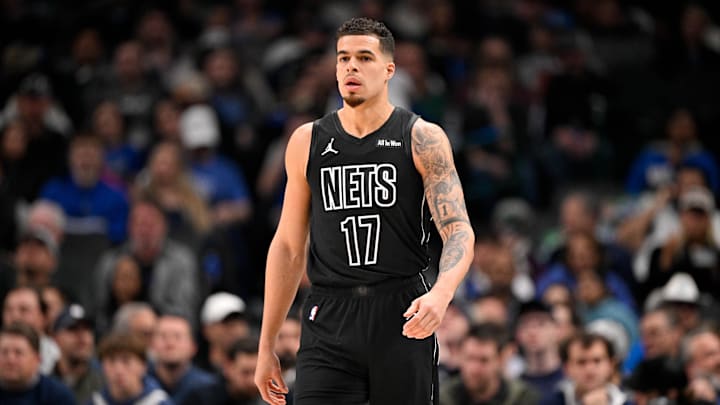 Jan 12, 2026; Dallas, Texas, USA; Brooklyn Nets forward Michael Porter Jr. (17) looks on during the first quarter against the Dallas Mavericks at the American Airlines Center. Mandatory Credit: Jerome Miron-Imagn Images