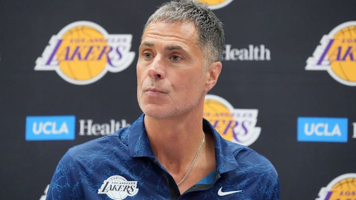 Los Angeles Lakers vice president of basketball operations and general manager Rob Pelinka at a press conference at the UCLA Health Training Center.
