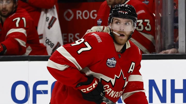 Feb 20, 2025; Boston, MA, USA; [Imagn Images direct customers only] Team Canada forward Connor McDavid (97) during the 4 Nations Face-Off ice hockey championship game against the United States at TD Garden. Mandatory Credit: Winslow Townson-Imagn Images