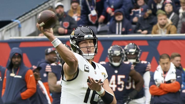 Oct 13, 2024; London, United Kingdom; Jacksonville Jaguars quarterback Trevor Lawrence (16) throws the ball during the second half of an NFL International Series game at Tottenham Hotspur Stadium. Mandatory Credit: Peter van den Berg-Imagn Images