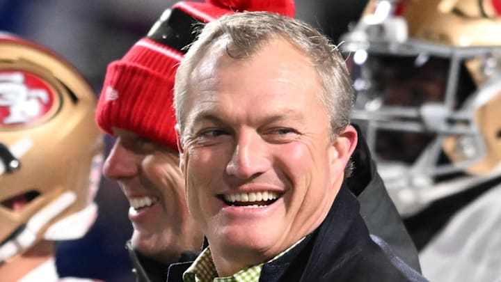 Dec 1, 2024; Orchard Park, New York, USA; San Francisco 49ers General Manager John Lynch on the field before a game against the Buffalo Bills at Highmark Stadium. Mandatory Credit: Mark Konezny-Imagn Images Dec 1, 2024; Orchard Park, New York, USA; San Francisco 49ers General Manager John Lynch on the field before a game against the Buffalo Bills at Highmark Stadium. Mandatory Credit: Mark Konezny-Imagn Images