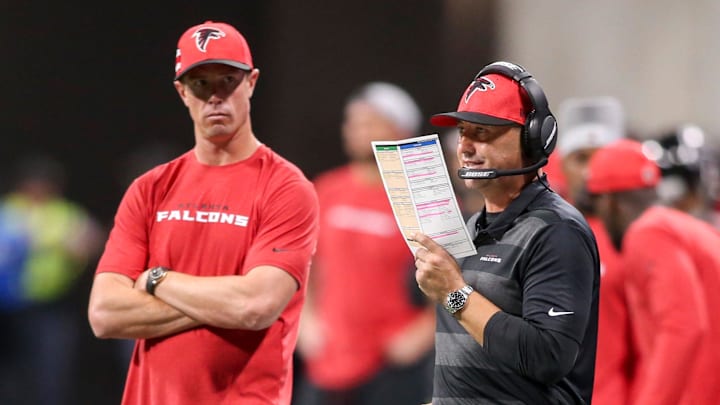 Aug 30, 2018; Atlanta, GA, USA; Atlanta Falcons quarterback Matt Ryan (2) and offensive coordinator Steve Sarkisian on the sidelines against the Miami Dolphins in the second quarter at Mercedes-Benz Stadium. Mandatory Credit: Brett Davis-Imagn Images
Aug 30, 2018; Atlanta, GA, USA; Atlanta Falcons quarterback Matt Ryan (2) and offensive coordinator Steve Sarkisian on the sidelines against the Miami Dolphins in the second quarter at Mercedes-Benz Stadium. Mandatory Credit: Brett Davis-Imagn Images