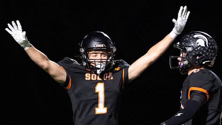 Solon’s Wyatt Young (1) reacts after breaking up a pass Oct. 16, 2026 during a high school football game against the Mount Pleasant Panthers at Solon High School in Solon, Iowa. Solon’s Wyatt Young (1) reacts after breaking up a pass Oct. 16, 2026 during a high school football game against the Mount Pleasant Panthers at Solon High School in Solon, Iowa.